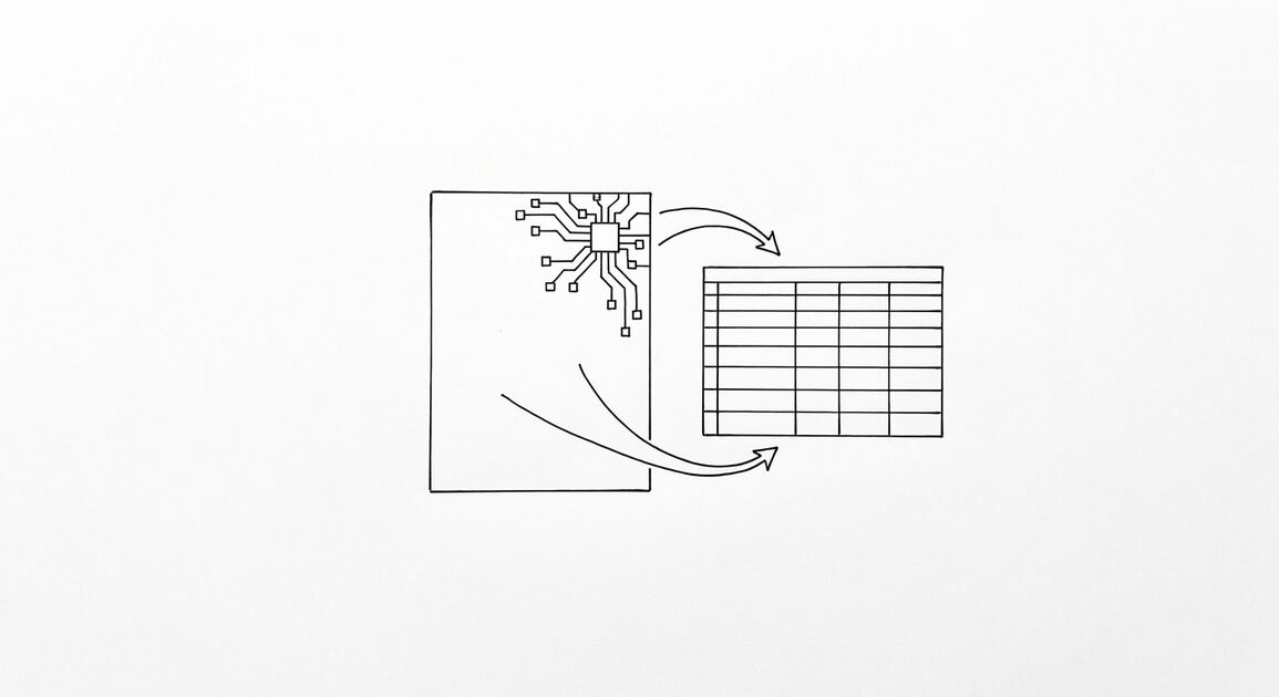 Pen drawing of a single Digital Federal Credit Union (DCU) statement with a simple stylized circuit pattern in the corner, arrows flowing to a clean spreadsheet grid
