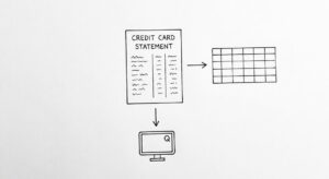 Pen drawing of a single Discover credit card statement with two arrows leaving: one to a clean spreadsheet grid, another to a small QuickBooks window