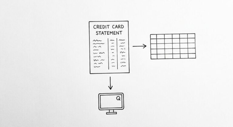 How to Export a Discover Statement to Excel Pen drawing of a single Discover credit card statement with two arrows leaving: one to a clean spreadsheet grid, another to a small QuickBooks window