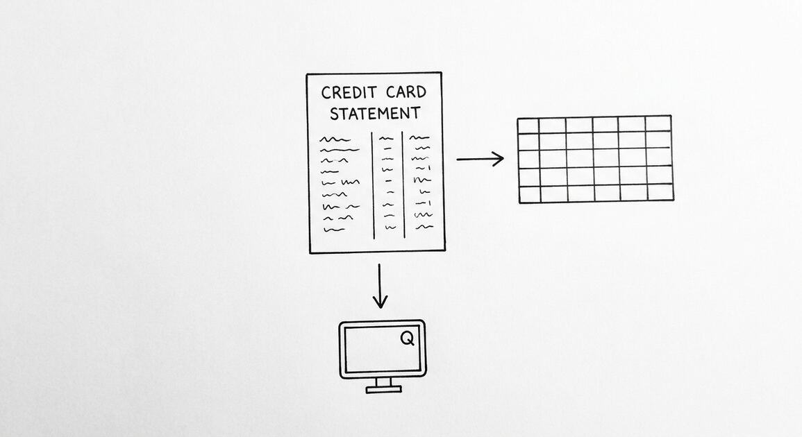 Pen drawing of a single Discover credit card statement with two arrows leaving: one to a clean spreadsheet grid, another to a small QuickBooks window