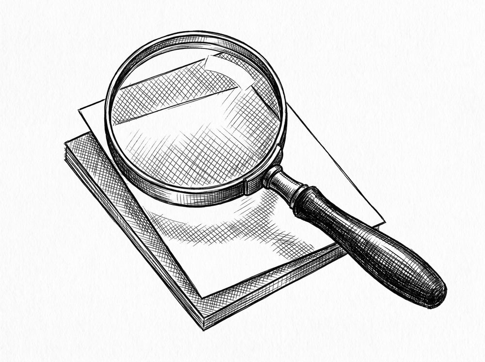 Pen drawing of a magnifying glass over two stacked identical documents, representing the close inspection of duplicates.