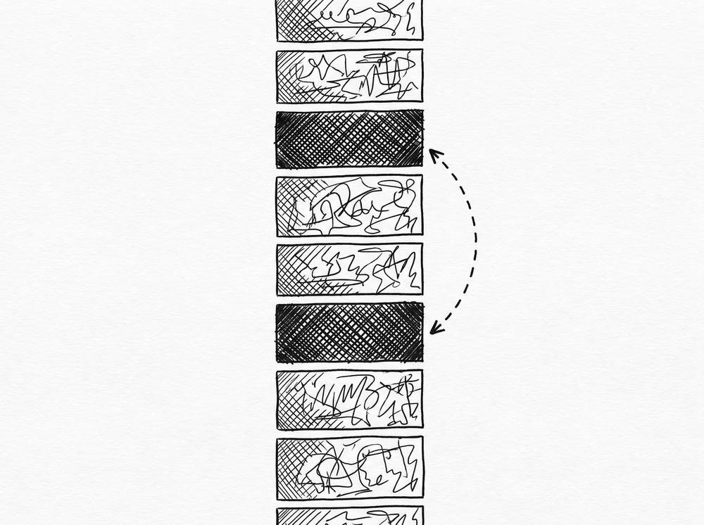 Pen drawing of a sorted list with two highlighted rows matching each other, representing the sort-and-find process for duplicates.