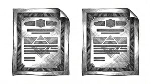 Pen drawing of two identical documents side by side, representing duplicate transactions after a conversion.