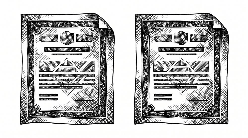 Pen drawing of two identical documents side by side, representing duplicate transactions after a conversion.