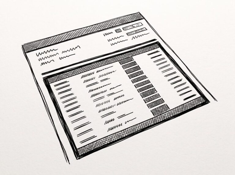 Pen drawing of a bank statement page with a rectangular boundary drawn around the transaction list section, separating the account info area from the transaction rows.