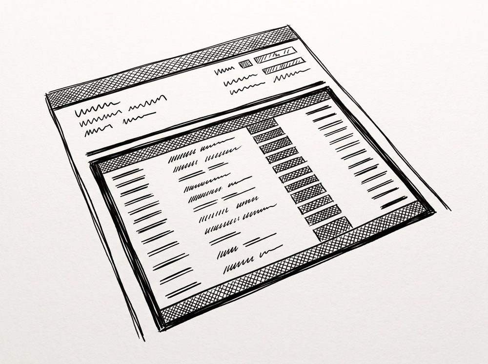 Pen drawing of a bank statement page with a rectangular boundary drawn around the transaction list section, separating the account info area from the transaction rows.