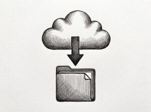 Pen drawing of a cloud shape at the top with a downward arrow pointing to a structured file icon below, representing data flowing from a cloud source into a structured destination.