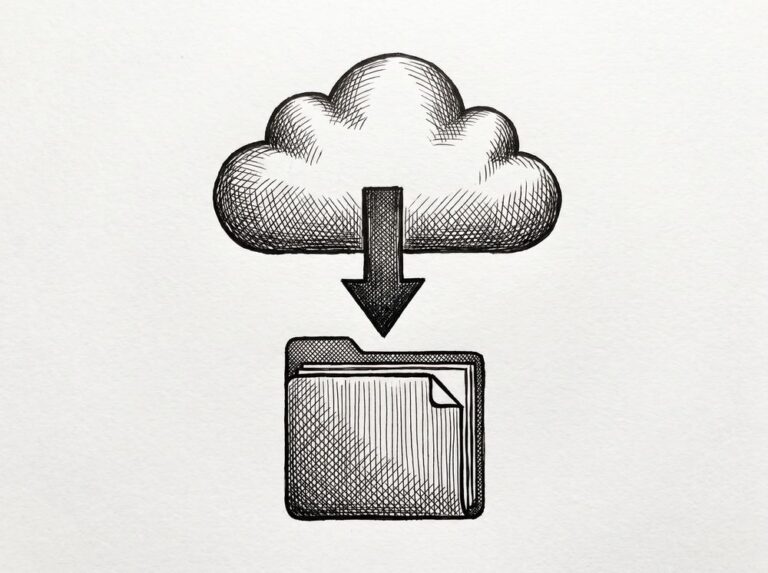 Pen drawing of a cloud shape at the top with a downward arrow pointing to a structured file icon below, representing data flowing from a cloud source into a structured destination.