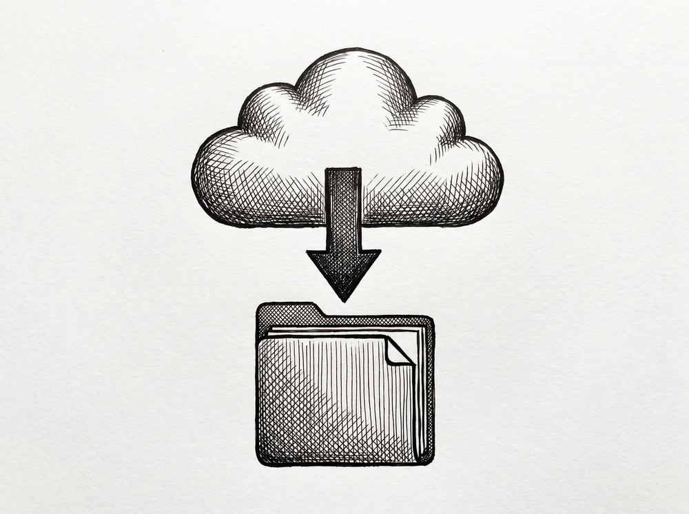 How Extract from PDF Mechanism Works: 5-Step Process, 4 Methods, 3 Best Tools Pen drawing of a cloud shape at the top with a downward arrow pointing to a structured file icon below, representing data flowing from a cloud source into a structured destination.