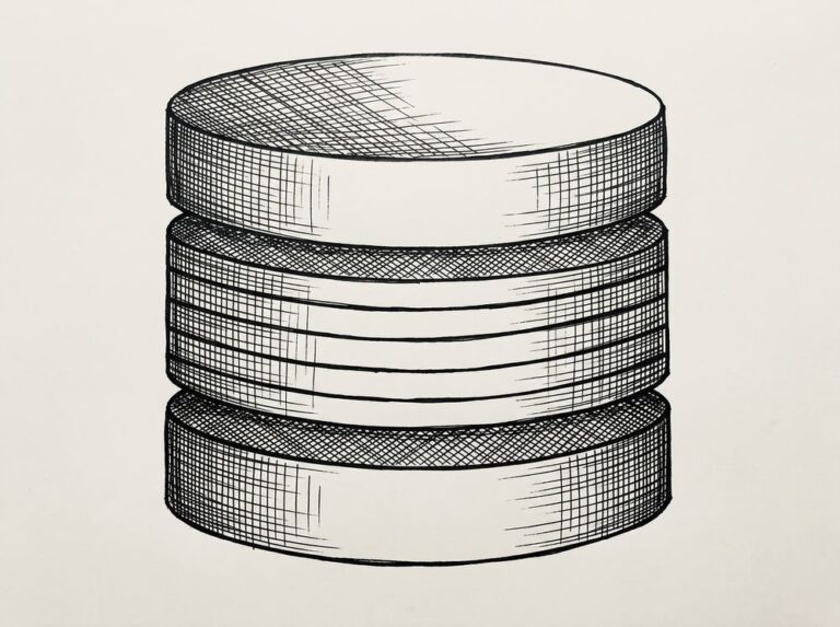 Pen drawing of a database cylinder shape with horizontal lines representing stored data rows, showing the persistent data structure used by downstream systems.