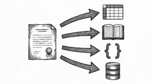 Pen drawing of a document on the left with four arrows extending to the right, each pointing to a different destination: a spreadsheet, a ledger book, a JSON symbol, and a database cylinder.