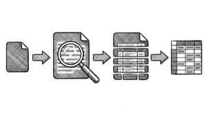 Pen drawing of a four-stage pipeline: a bank statement document enters stage one, then stage two, then stage three, then stage four, with arrows between each stage.