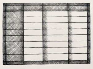 Pen drawing of a close-up of a structured data table with four columns and approximately eight rows, with evenly spaced columns and straight horizontal lines.
