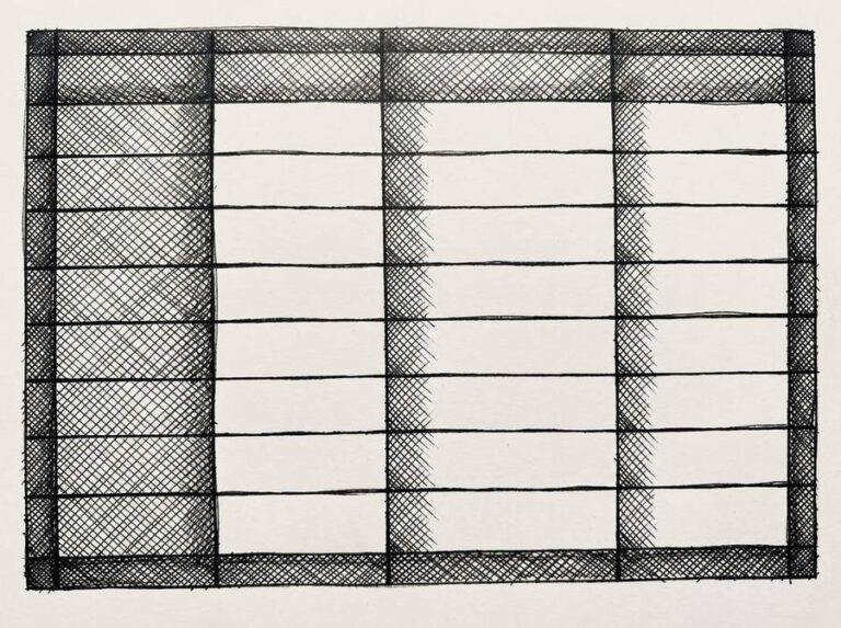 Pen drawing of a close-up of a structured data table with four columns and approximately eight rows, with evenly spaced columns and straight horizontal lines.