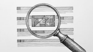 Pen drawing of a large magnifying glass hovering over a close-up of four transaction rows on a document, showing detailed examination of a bank statement PDF.
