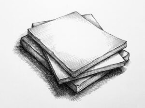 Pen drawing of three slightly offset rectangular document shapes stacked, representing multiple monthly bank statement PDFs.