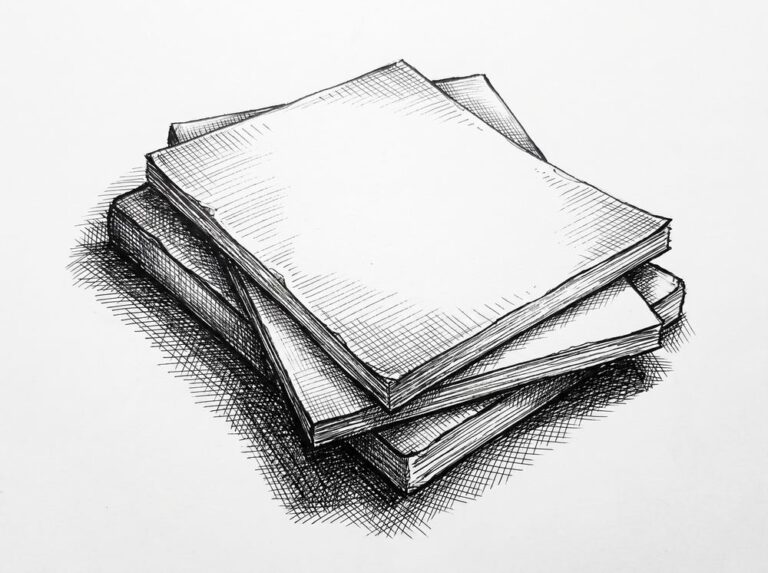 Pen drawing of three slightly offset rectangular document shapes stacked, representing multiple monthly bank statement PDFs.