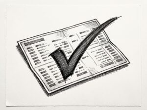 Pen drawing of a bank statement document with a large checkmark drawn over it, representing the validation and approval step.