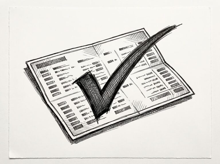 Pen drawing of a bank statement document with a large checkmark drawn over it, representing the validation and approval step.