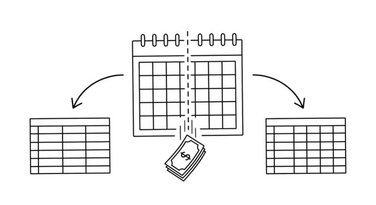 Pen drawing of a calendar with one month highlighted, a vertical dashed line splitting the month, a bank statement icon falling through the split, arrows leading to two clean spreadsheet grids