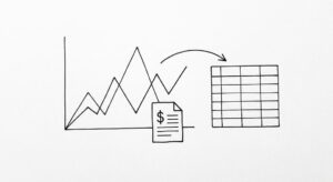 Pen drawing of source icon with bank statement and clean spreadsheet grid