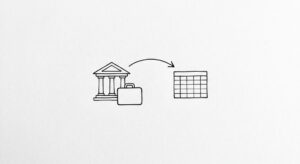 Pen drawing of source icon with bank statement and clean spreadsheet grid
