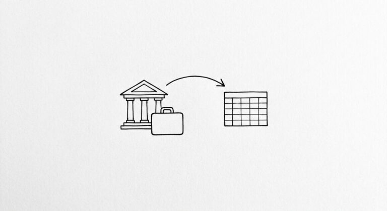 Pen drawing of source icon with bank statement and clean spreadsheet grid