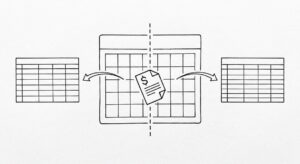 Pen drawing of a calendar with one month highlighted, a vertical dashed line splitting the month, a bank statement icon falling through the split, arrows leading to two clean spreadsheet grids