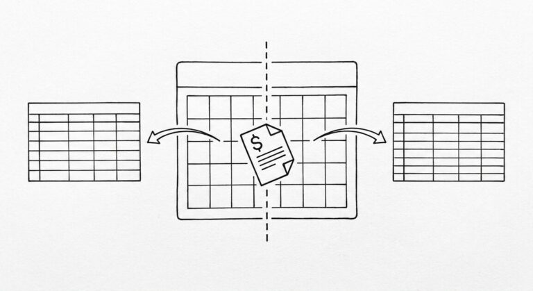 Pen drawing of a calendar with one month highlighted, a vertical dashed line splitting the month, a bank statement icon falling through the split, arrows leading to two clean spreadsheet grids