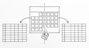 Pen drawing of a calendar with one month highlighted, a vertical dashed line splitting the month, a bank statement icon falling through the split, arrows leading to two clean spreadsheet grids