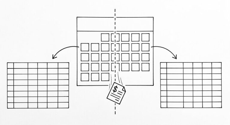 Pen drawing of a calendar with one month highlighted, a vertical dashed line splitting the month, a bank statement icon falling through the split, arrows leading to two clean spreadsheet grids
