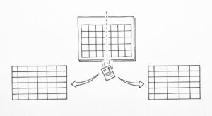 Pen drawing of a calendar with one month highlighted, a vertical dashed line splitting the month, a bank statement icon falling through the split, arrows leading to two clean spreadsheet grids