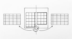 Pen drawing of a calendar with one month highlighted, a vertical dashed line splitting the month, a bank statement icon falling through the split, arrows leading to two clean spreadsheet grids