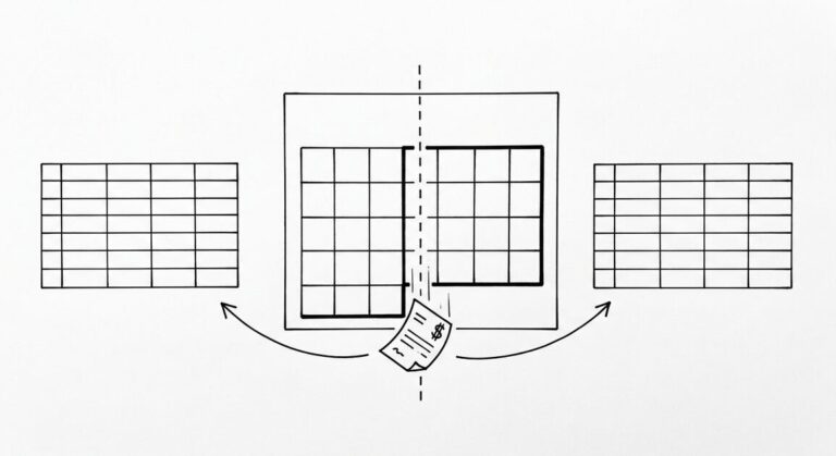 Pen drawing of a calendar with one month highlighted, a vertical dashed line splitting the month, a bank statement icon falling through the split, arrows leading to two clean spreadsheet grids