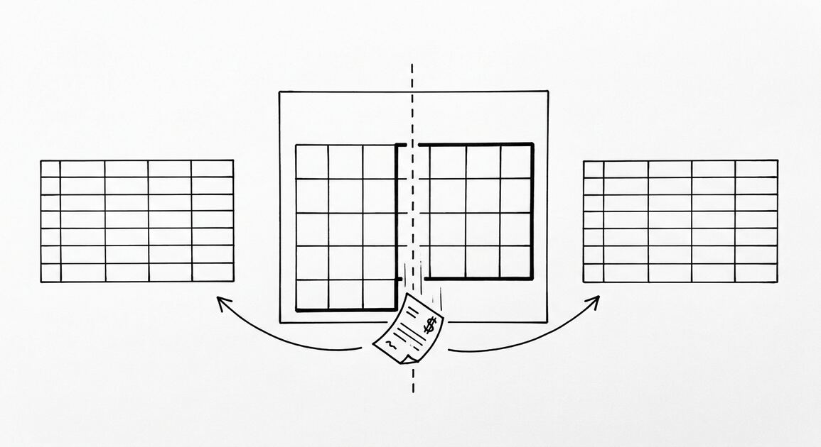 Pen drawing of a calendar with one month highlighted, a vertical dashed line splitting the month, a bank statement icon falling through the split, arrows leading to two clean spreadsheet grids