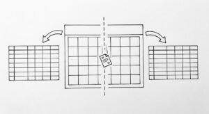 Pen drawing of a calendar with one month highlighted, a vertical dashed line splitting the month, a bank statement icon falling through the split, arrows leading to two clean spreadsheet grids