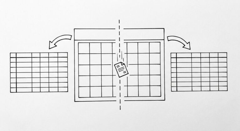 Pen drawing of a calendar with one month highlighted, a vertical dashed line splitting the month, a bank statement icon falling through the split, arrows leading to two clean spreadsheet grids
