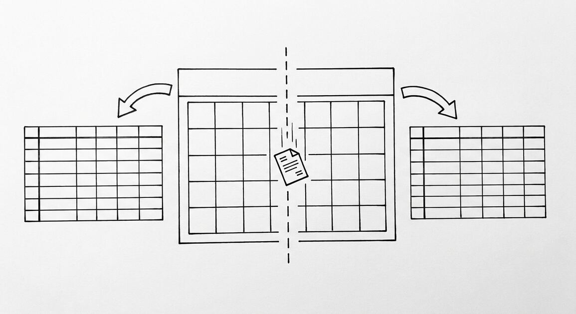 Pen drawing of a calendar with one month highlighted, a vertical dashed line splitting the month, a bank statement icon falling through the split, arrows leading to two clean spreadsheet grids