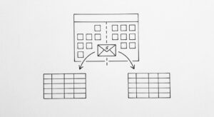 Pen drawing of a calendar with one month highlighted, a vertical dashed line splitting the month, a bank statement icon falling through the split, arrows leading to two clean spreadsheet grids