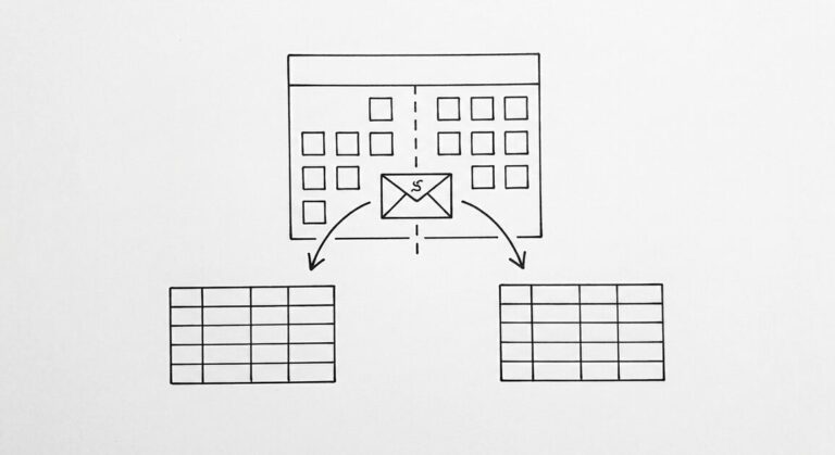 Pen drawing of a calendar with one month highlighted, a vertical dashed line splitting the month, a bank statement icon falling through the split, arrows leading to two clean spreadsheet grids