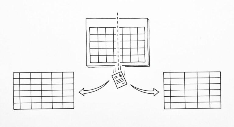 Pen drawing of a calendar with one month highlighted, a vertical dashed line splitting the month, a bank statement icon falling through the split, arrows leading to two clean spreadsheet grids