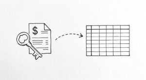 Pen drawing icon with bank statement and clean spreadsheet