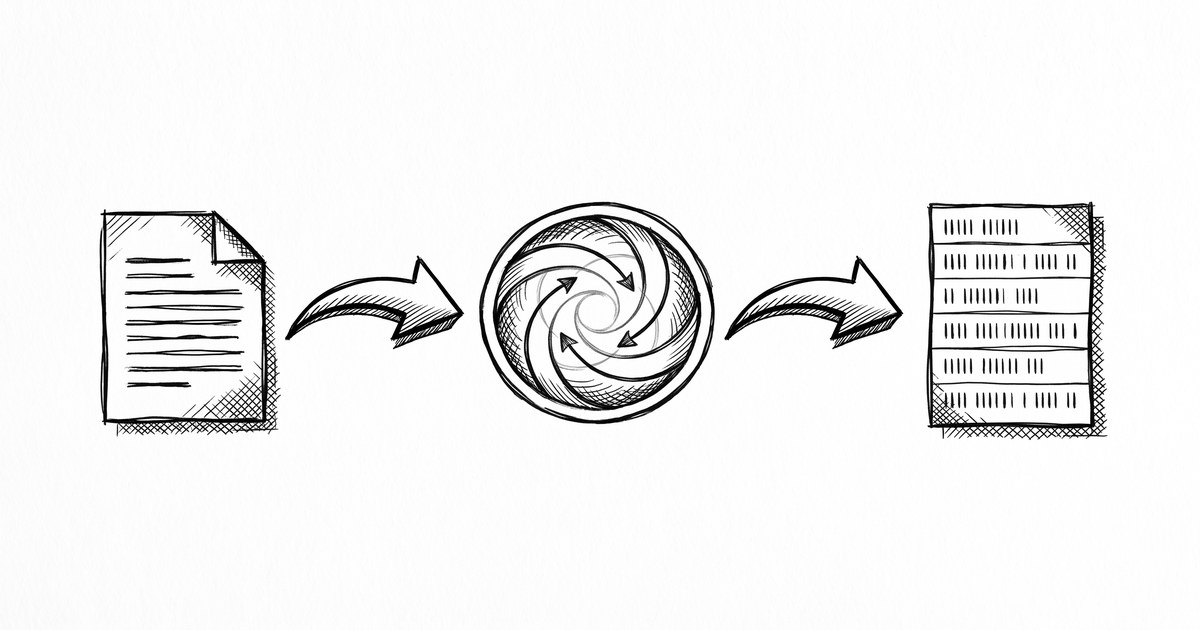 Pen drawing flow chart showing PDF on the left, a conversion process in the center, and a CSV file on the right.