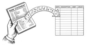 Pen drawing of a bank statement transforming into an Excel grid with four columns and a header row.