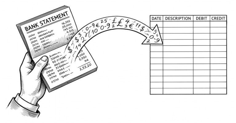 Pen drawing of a bank statement transforming into an Excel grid with four columns and a header row.