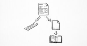 Pen drawing decision tree showing a bank statement PDF at the top, branching to CSV on the left and QBO on the right, with QBO connecting to a QuickBooks ledger.