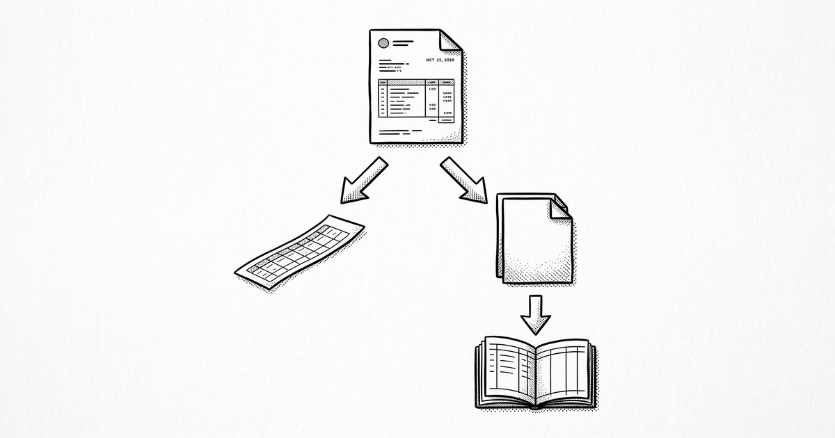 Pen drawing decision tree showing a bank statement PDF at the top, branching to CSV on the left and QBO on the right, with QBO connecting to a QuickBooks ledger.