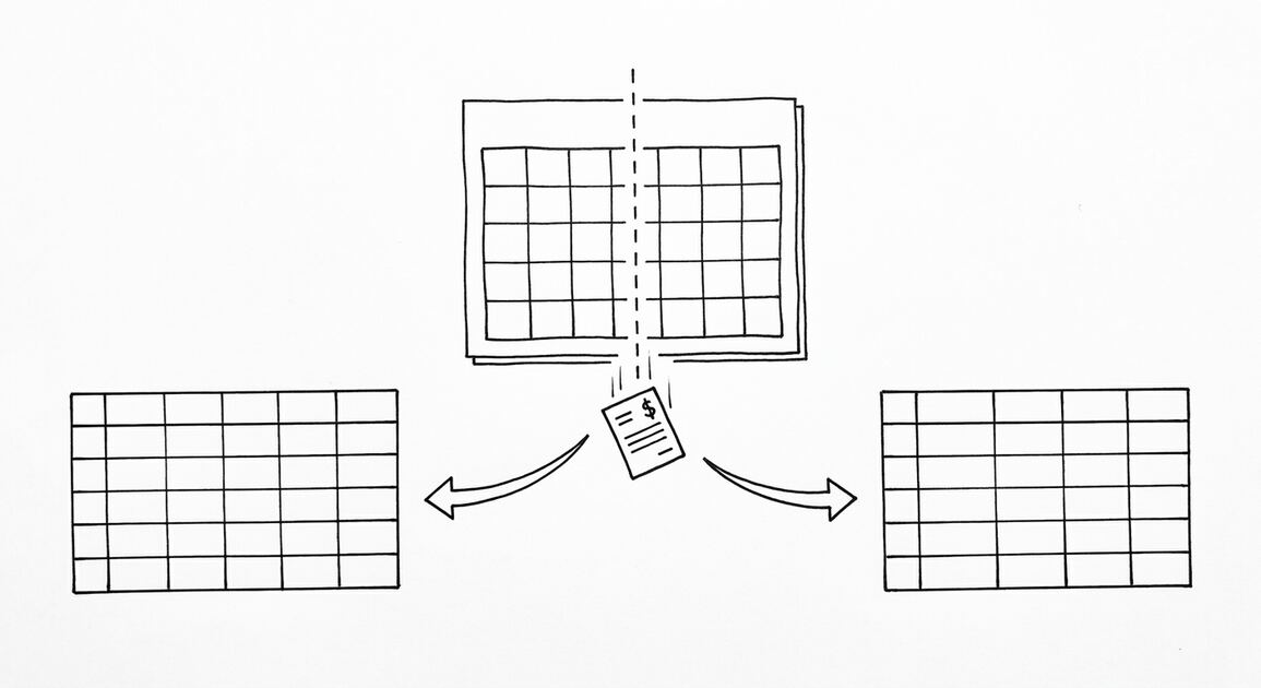 Pen drawing of a calendar with one month highlighted, a vertical dashed line splitting the month, a bank statement icon falling through the split, arrows leading to two clean spreadsheet grids