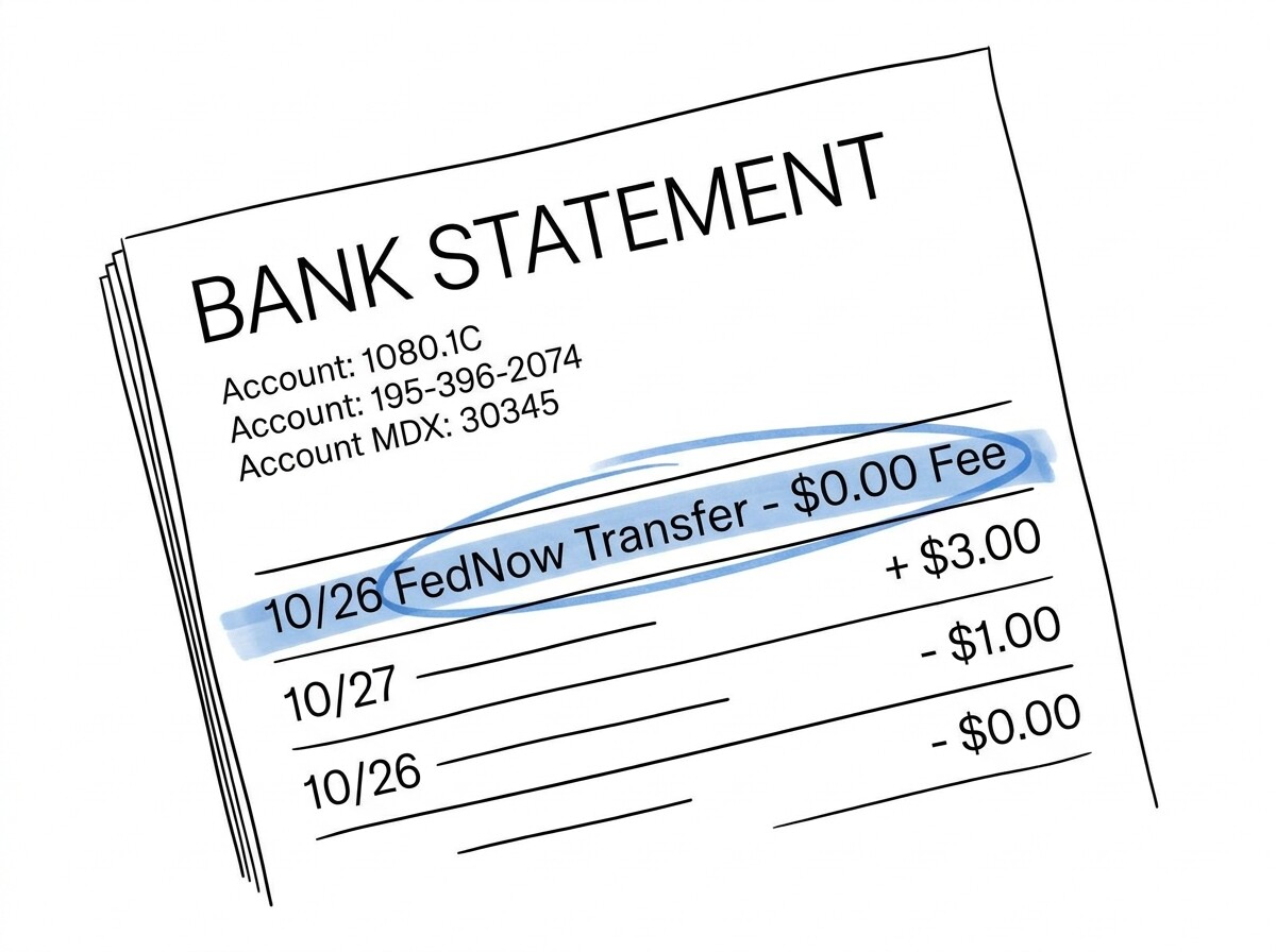 What Is FedNow? Definition, Banks, and How It Shows on Your Bank Statement FedNow bank statement transaction line highlighted in blue showing 0.00 sender fee and instant availability