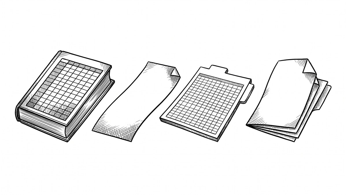 Bank Statement Converter: What It Is, How It Works, How to Pick One Pen drawing of four documents side by side: an Excel workbook, a CSV file, a Google Sheets tab, and a QuickBooks QBO file, showing the four common conversion output formats.